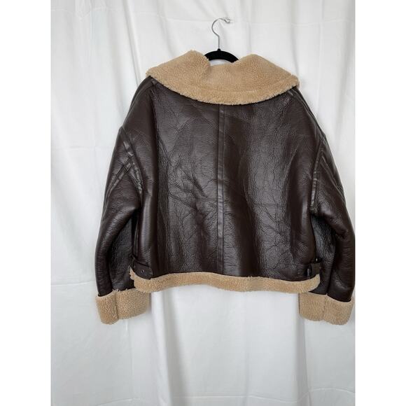 En Crème Women's Faux Leather Sherpa Aviator Jacket Brown & Tan Size L - Picture 6 of 11
